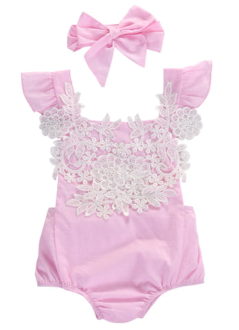 Newborn Baby Girls Bodysuit Lace Floral Pink Bodysuit Jumpsuit+Headband
