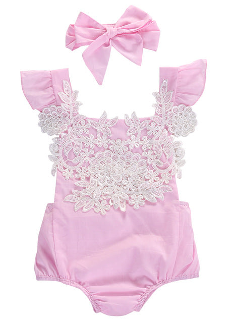 Newborn Baby Girls Bodysuit Lace Floral Pink Bodysuit Jumpsuit+Headband